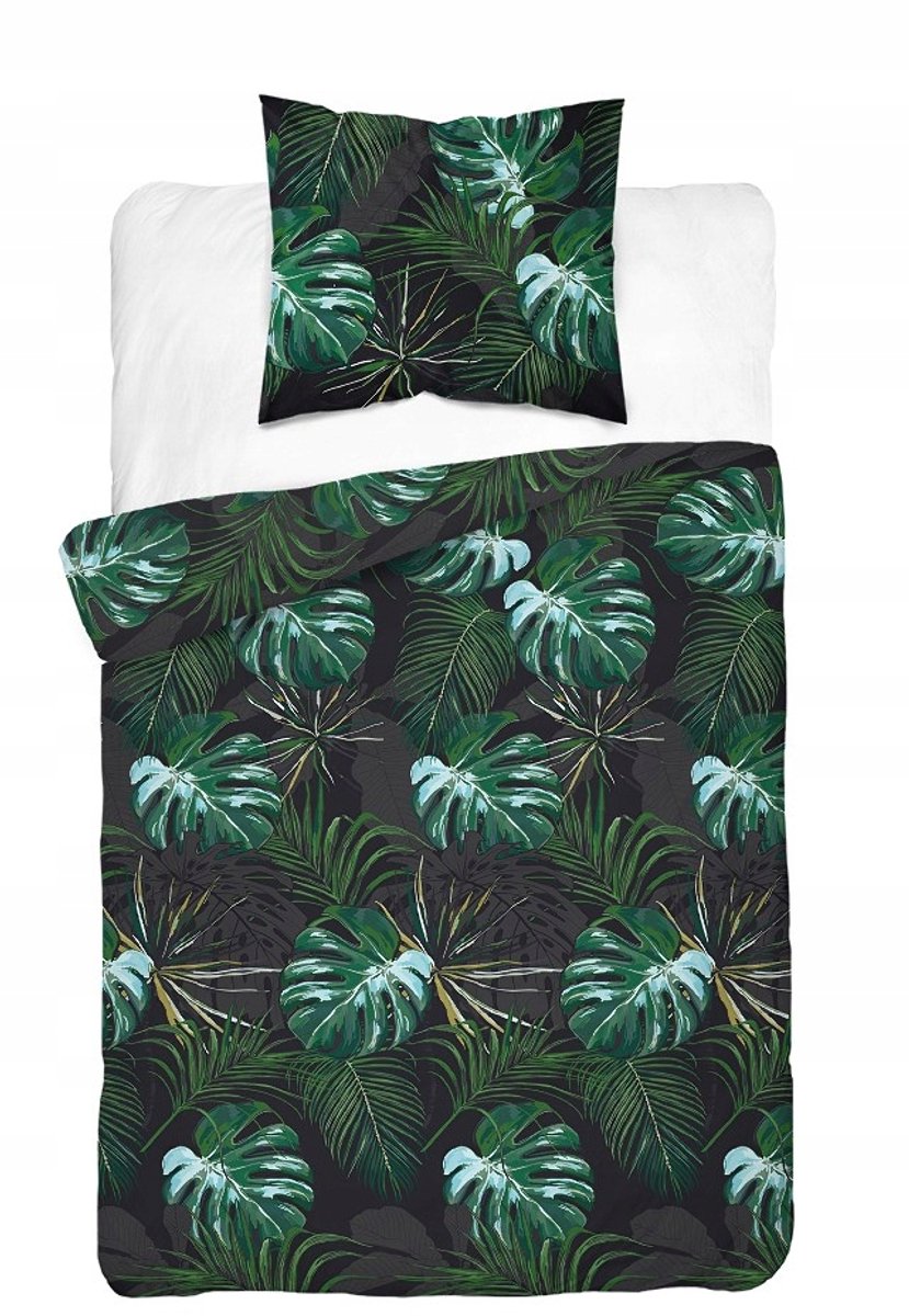 Home Satin Dekbedovertrek 140x200cm Zwart Groene Bladeren Katoen Satin