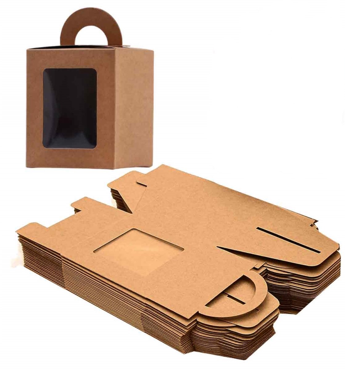 QTTVBTNA 50 stuks kraftpapier cupcake dozen met inzetstuk - Met venster - Individuele verpakking voor cupcakes, gebak en desserts - 9,2x9,2x10 cm