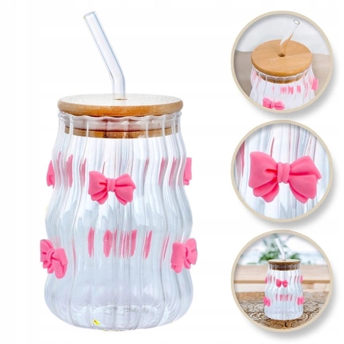 ECARLA Glazen Mok met Bamboe Deksel & Rietje - 450ml Golfpatroon
