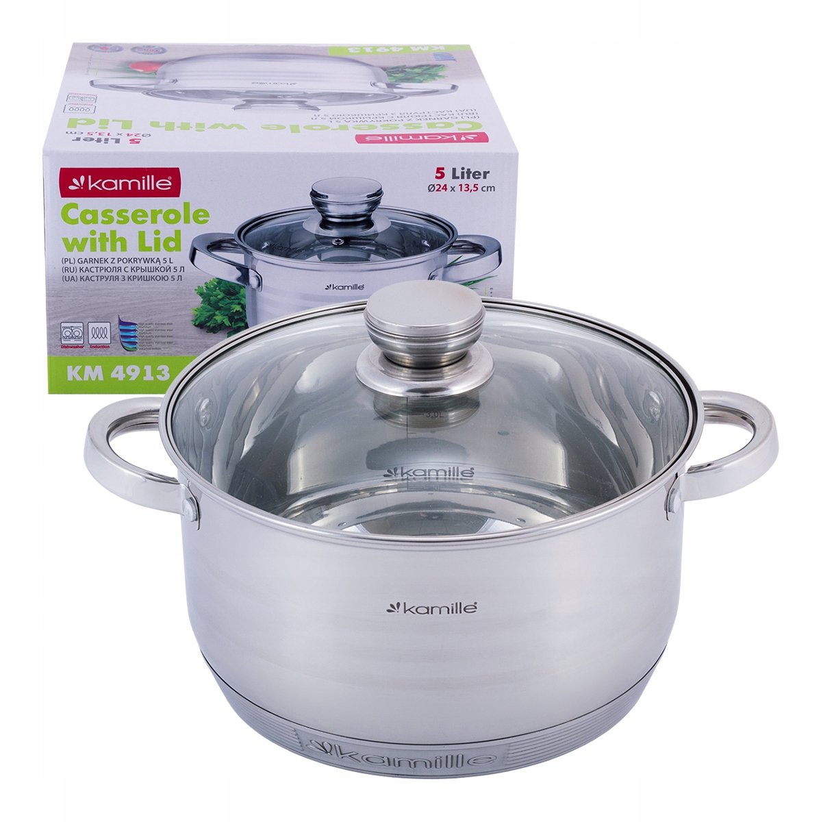 Kamille RVS Pan met Deksel - 5L, Inductie Geschikt