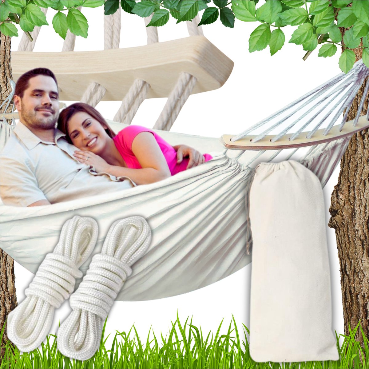 Dubbele Hangmat XXL Beige 260x150cm met Houten Spreiders & Draagtas