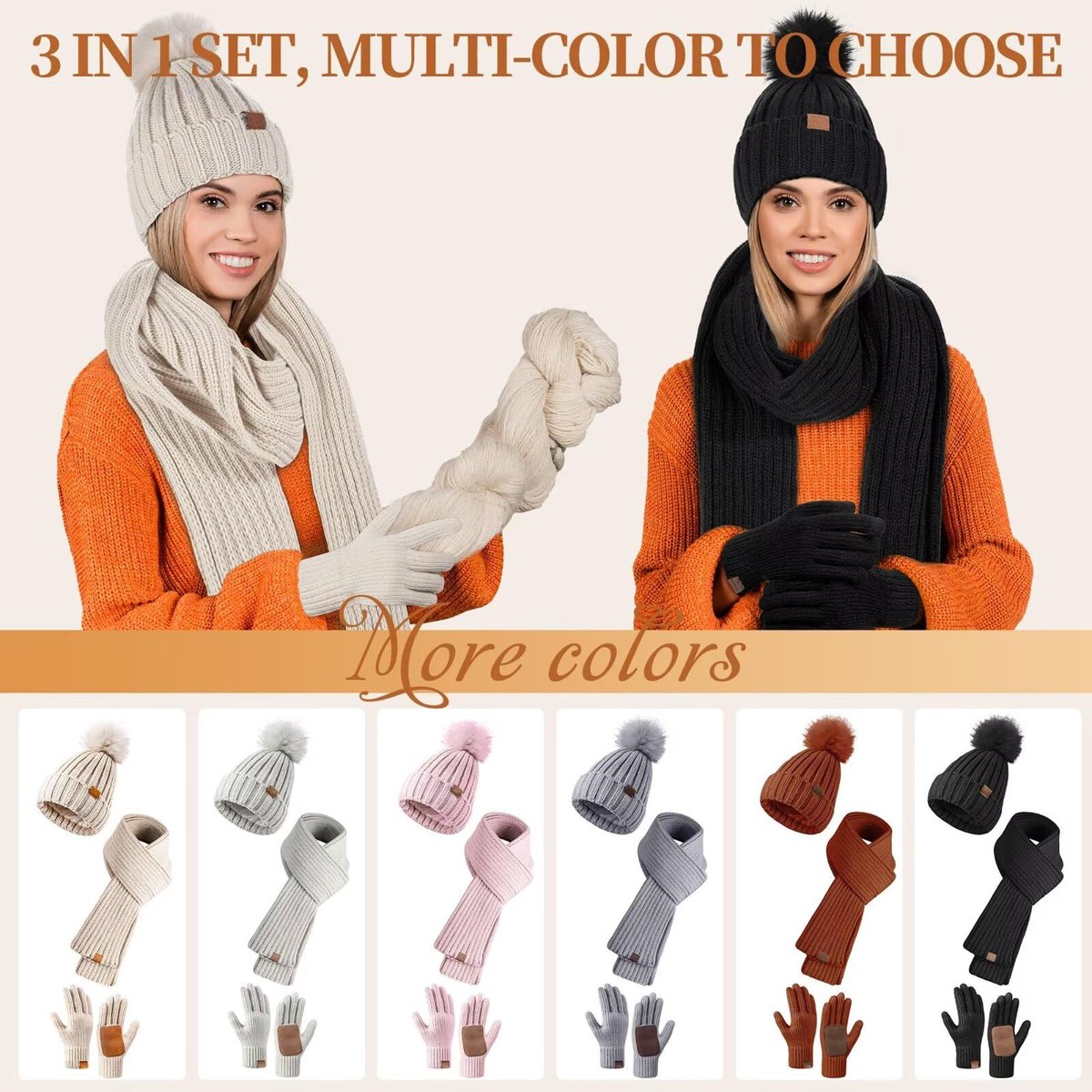 Winterset dames-Winterpet dames-Set van muts, sjaal en handschoenen voor dames - Wintermuts zonder rand voor dames - Met wol gevoerd met pompons voor warmte - Touchscreen handschoenen voor dames - 3-in-1 set voor koud weer- wit — cadeau in Mode & Accessoires - foto 5