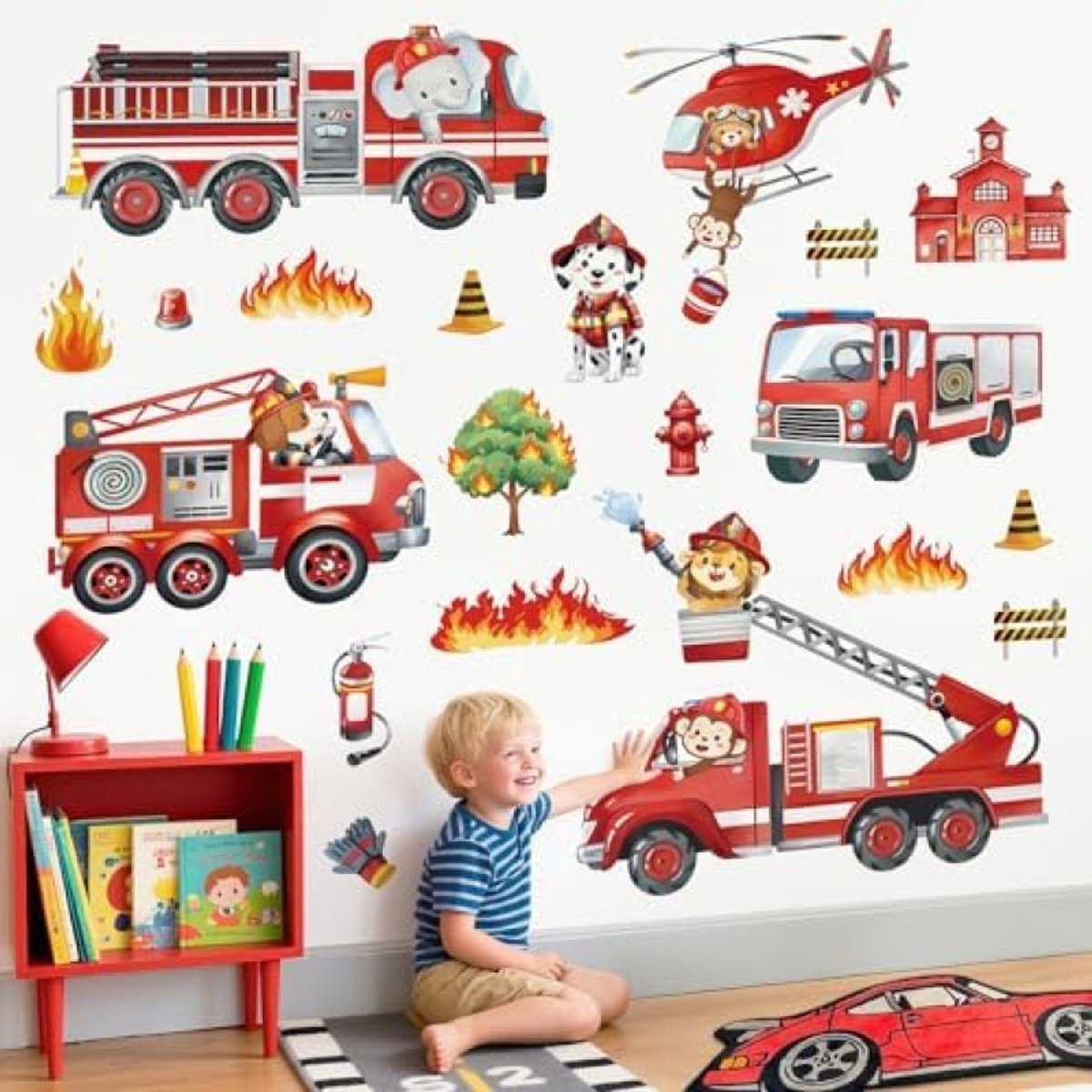 PromoHome Brandweerauto Muursticker Dieren Safari Jongenskamer