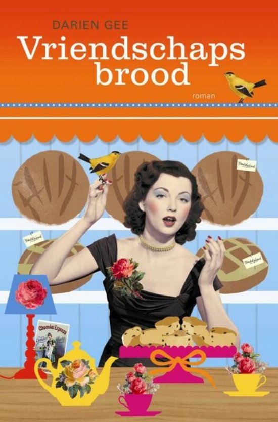 Boekcover 'Vriendschapsbrood' met een vrouw uit de jaren '50 die gebakjes vasthoudt, met vogels en bloemen.