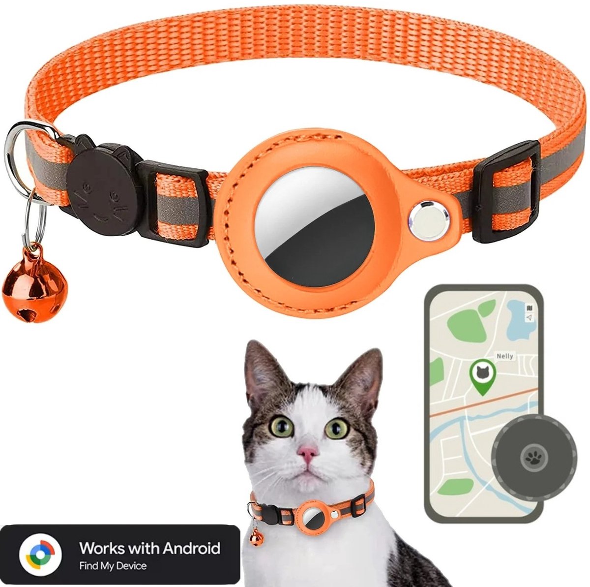 BlueTime ® - Kattenhalsband inclusief Tag - Halsband Kat & Kitten met Kattenbelletje - Gps Tracker Kat zonder Abonnement - Geschikt voor Android Find My Device - Kattenbandje, Poes, Kattenriem air & Tuigje met Houder - Oranje
