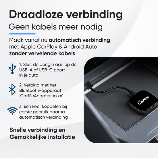 CarMe Premium 2-in-1 CarPlay Dongle - Draadloos CarPlay & Android Auto - Makkelijk Switchen Tussen Telefoons - USB-A & USB-C - Android Auto Dongle - Zwart