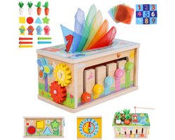 Montessori speelgoed baby, 6-in-1 tissuesdoos met kreukelstof, motorische kubus houten speelgoed 6-12 maanden jongens meisjes, motorische speelgoed voor kinderen van 1-3 jaar, babycadeau