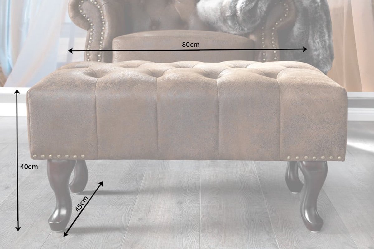 Chesterfield voetenbank 80cm antiek bruin met knoopstiksels en klinknagels - 19449