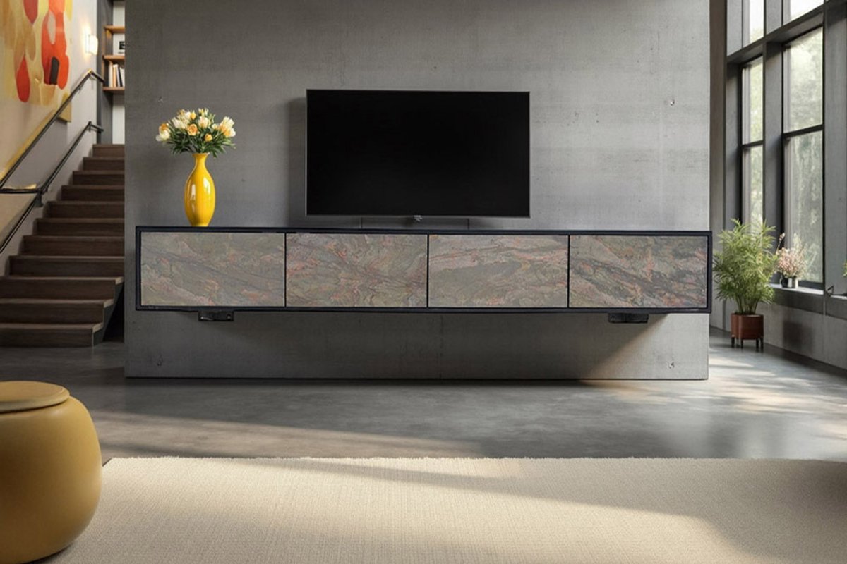 Massief houten TV lowboard MOUNTAIN SOUL 200cm acacia groen brons hangend natuursteen zwart - 46112