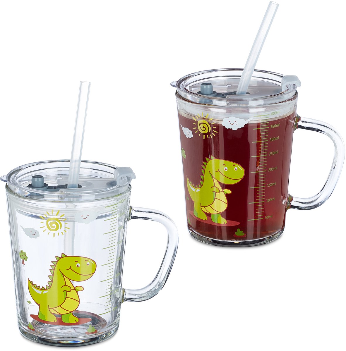 Image of 4x kinderglas met rietje en deksel -- dinosaurus print - met handvat