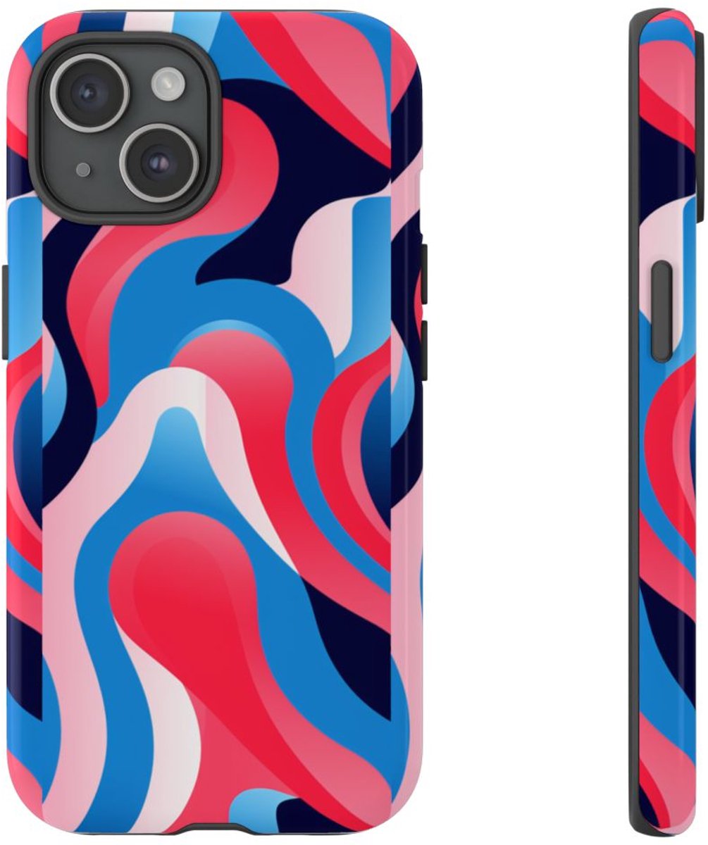 Blauw-Rood Abstract Golvend Patroon – Telefoonhoesje Geschikt voor iPhone 15
