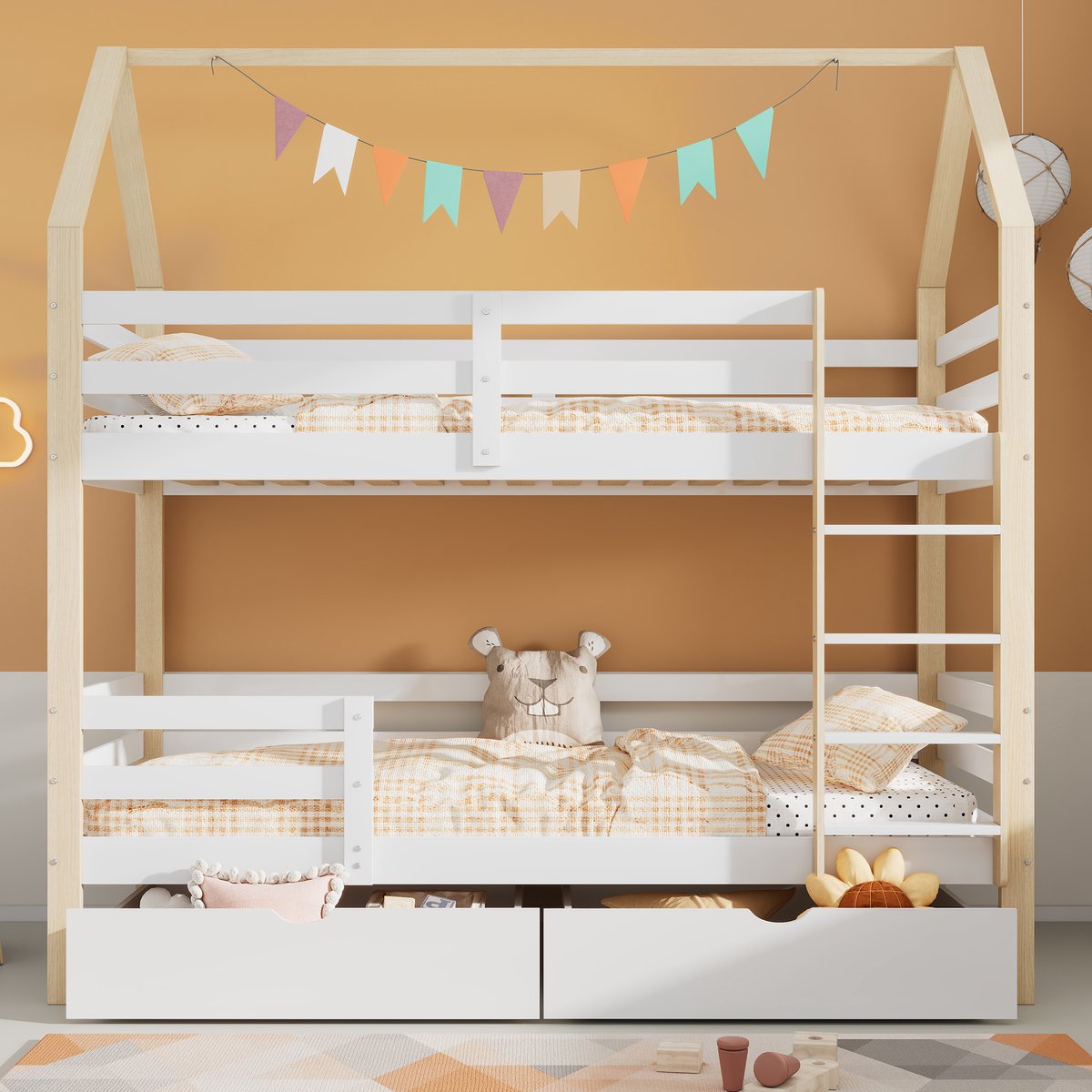 Pugsdrly In en uit bed komen, tweepersoonsbed, kinderbed in huisvorm, grote lades, grenenhouten huisbed voor kinderen, 90 x 200 cm, zonder matras, wit + houtkleur Wit+Eiken
