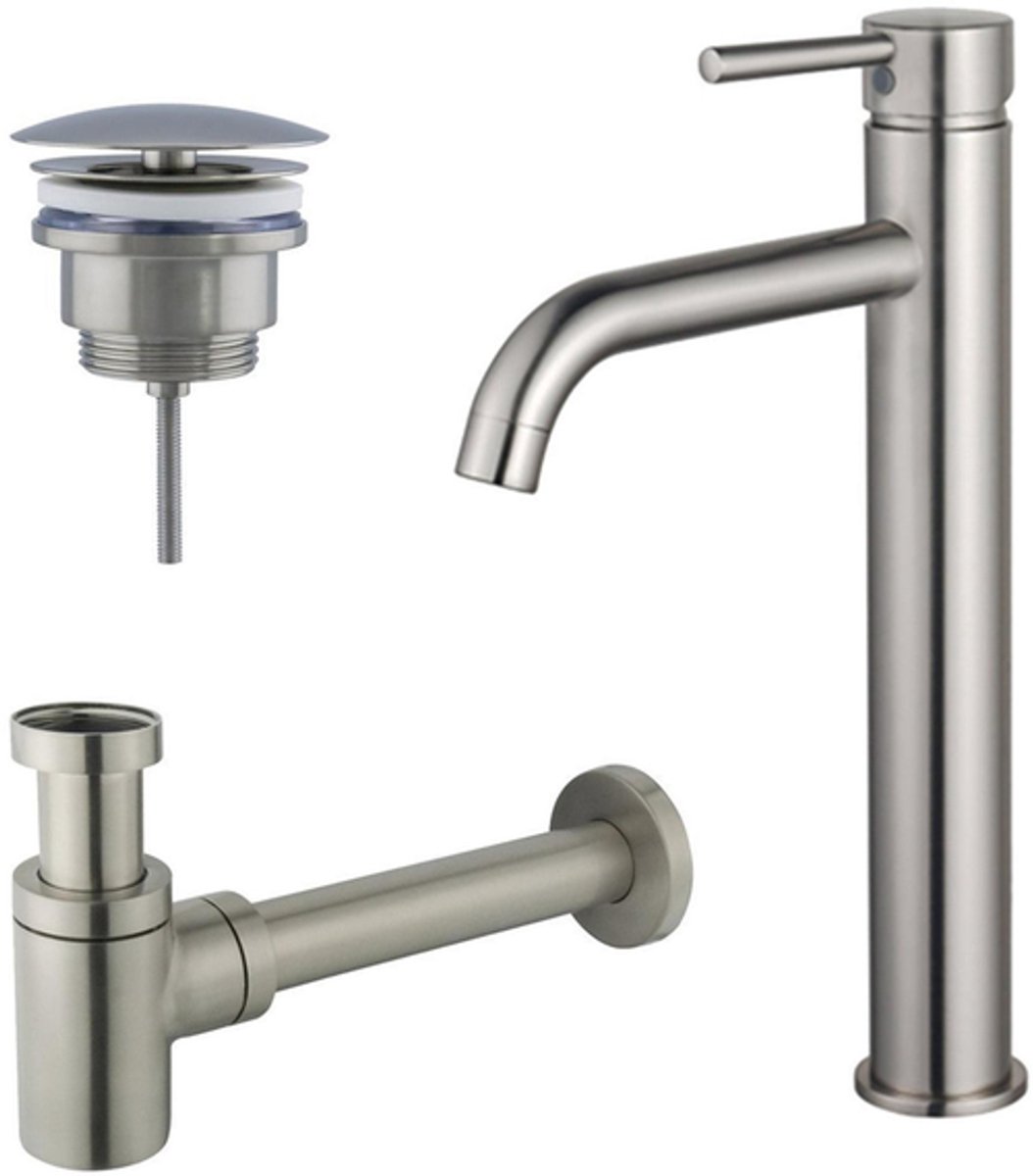 FugaFlow Eccelente Sobrado Badkamer Wastafelkraanset - verhoogde wastafelkraan - always open plug - verlaagde design sifon - PVD Geborsteld RVS