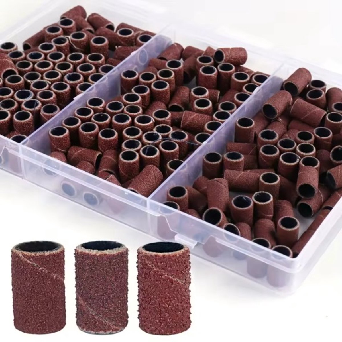 voordeelbox schuurrolletjes nagelfrees voor pedicure - 210 stuks totaal: 80, 120 en 180 grit - nagelschuurrolletjes 80 grit - schuurrolletjes 120 grit, schuurrolletjes 180 grit - schuurhulzen - mandrel bitje - mandrel - nails sanding bands