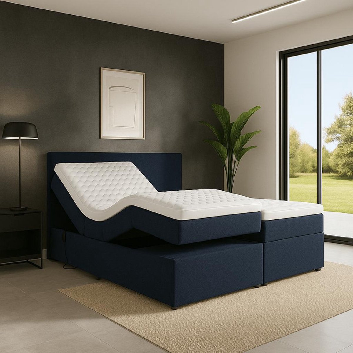 Boxspring FD Boxspring Napoli Elektrisch verstelbaar Luxe pocketvering Stof 160x220 cm donkerblauw