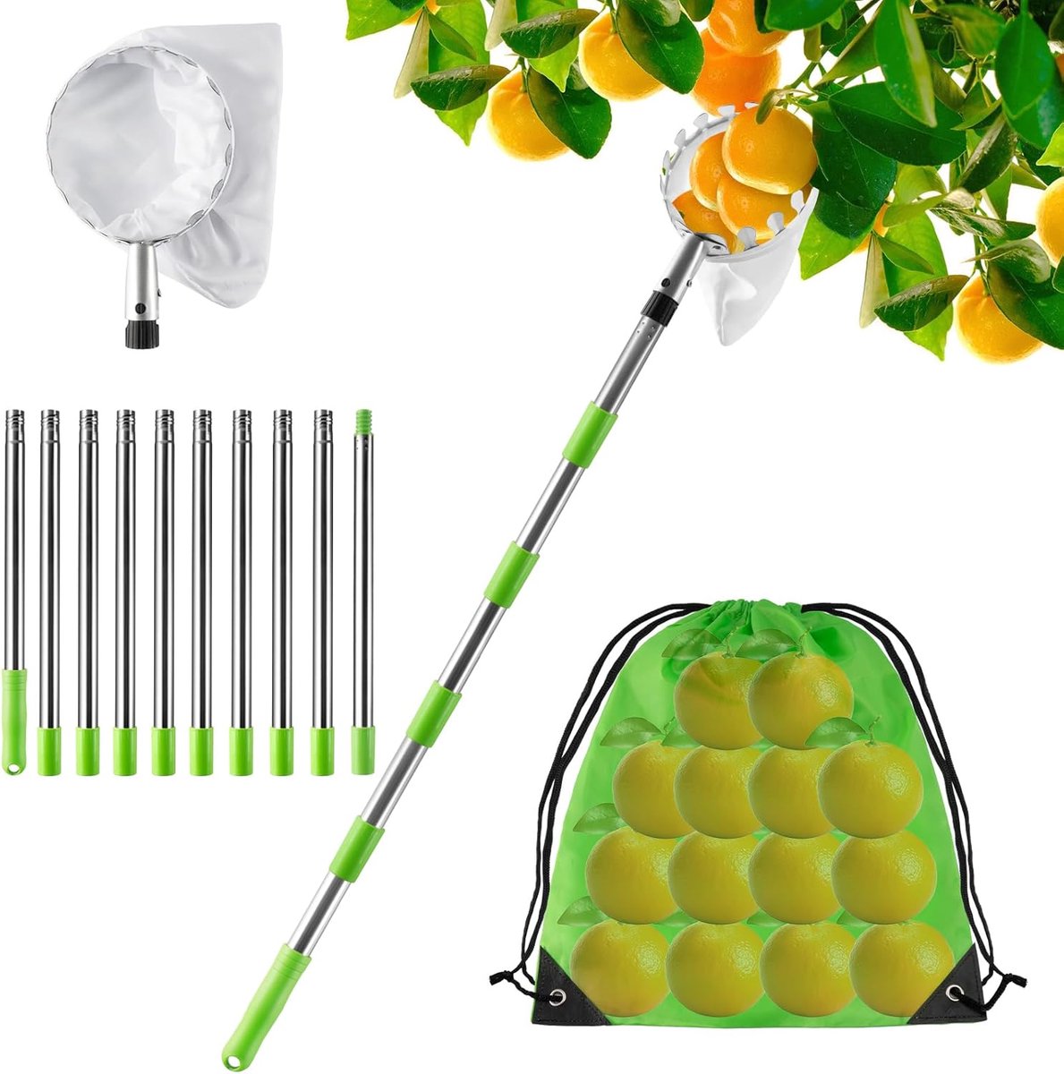 EXCITAT Fruitplukker - met telescopische steel - Appelplukker - met roestvrijstalen telescopische steel en katoenen tas - Fruitplukker - Kersenplukker - Geschikt voor peren, mandarijnen en sinaasappels - diameter 16 cm - 4M