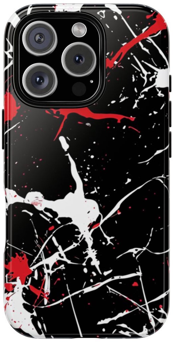 Rode en Witte Verfspatten op Zwart – Telefoonhoesje Geschikt voor iPhone 16 Pro