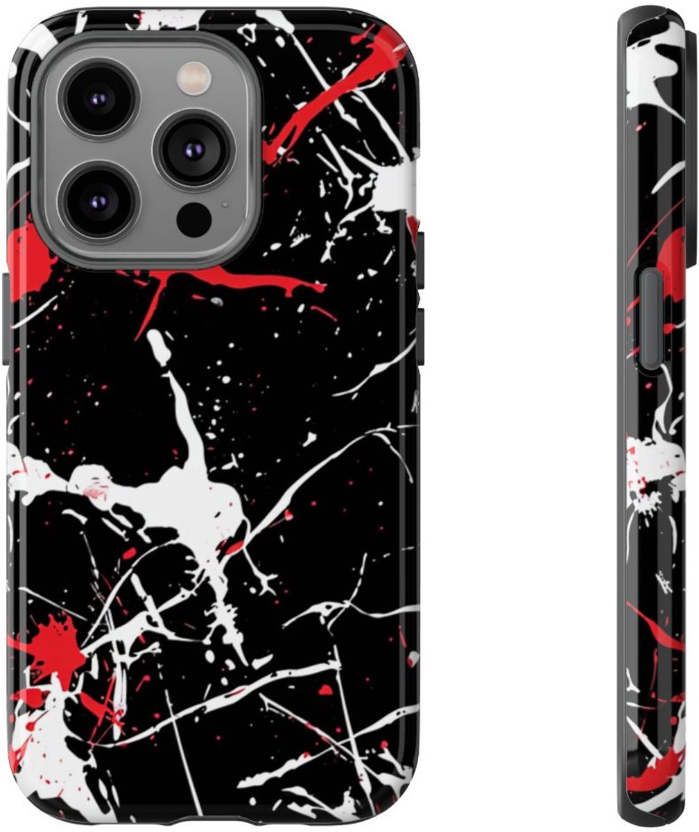 Rode en Witte Verfspatten op Zwart – Telefoonhoesje Geschikt voor iPhone 14 Pro