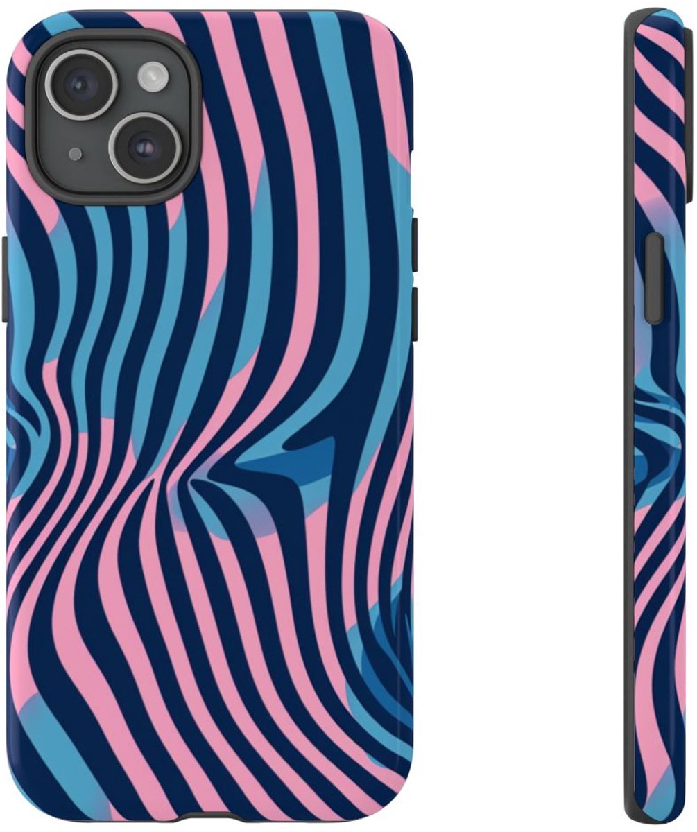 Golvend Blauw-Roze Optische Illusiepatroon – Telefoonhoesje Geschikt voor iPhone 15 Plus