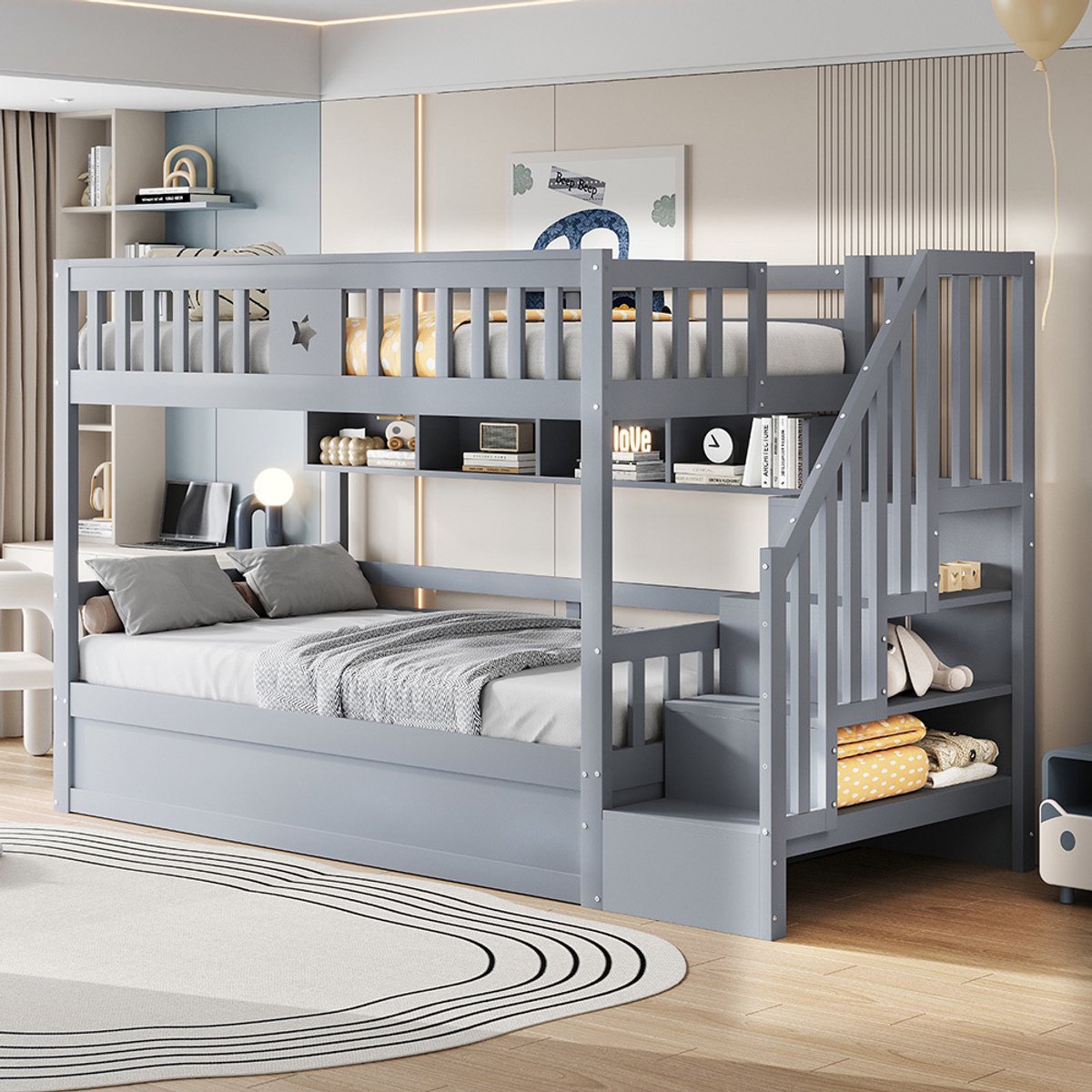 KOMHTOM Houten bed 90*200 cm, hydraulisch bedbodem, ladder met opbergruimte, planken, stapelbed, bed voor tieners, grijs