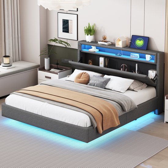 Beddengoed Pugsdrly 160x200 cm avec connexion USB et éclairage LED, tête de lit réversible, pied de lit dissimulé, lit double plat, lit jeune, lit adulte, tissu lin gris