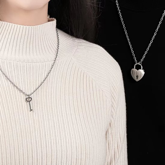 Koppelketting Set - 2 Delige Love Lock & Sleutel Kettingen met Hart Hanger - Roestvrij Staal Sieraad voor Vriend en Vriendin - Romantisch Cadeau Mannen & Vrouwen - Matching Kettingen voor Koppels van U7 — afbeelding 2
