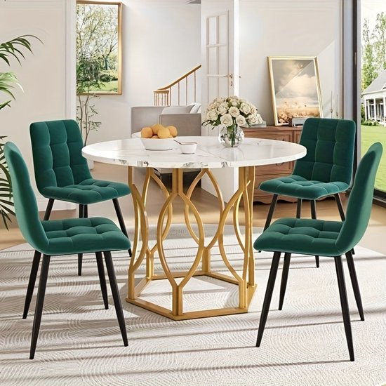 Eettafelset (5-delig), eettafelset met 4 stoelen, keukentafelset, ronde eettafel met 100 cm diameter en zwarte metalen poten, wit MDF-tafelblad, fluwelen eetkamerstoelen (zwart wit
