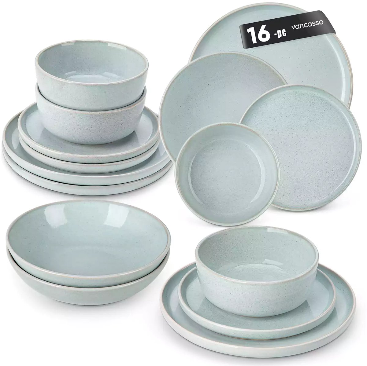 Serviesset - 4 Persoons Servies - Keramiek - Diner- en Dessertbord - Ontbijt- en Soepkom - 16-delige Set - Mintgroen