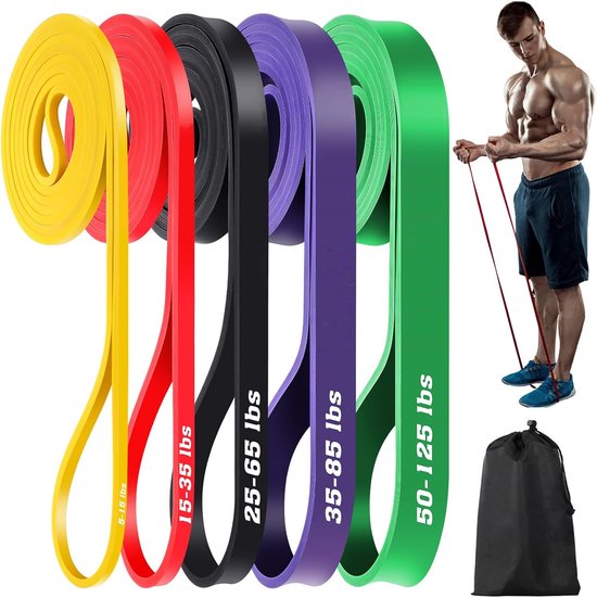 Premium 5-delige Weerstandsbanden Set - Fitness Elastiek met 5 Verschillende Weerstanden - Geschikt voor Crossfit, Powerlifting en Thuisworkouts - Inclusief luxe opbergtassen