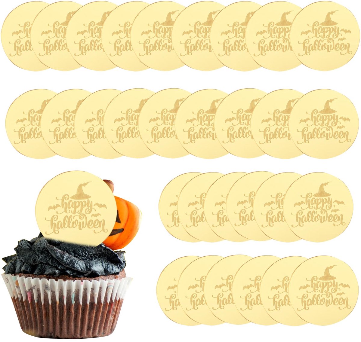 Cupcake Toppers, 30pcs Gold Halloween Acrylic Cake Picks Mirror Halloween Theme Cake Topper Cupcake Discs Decor Dessert Ice Cream Toppers Accessories