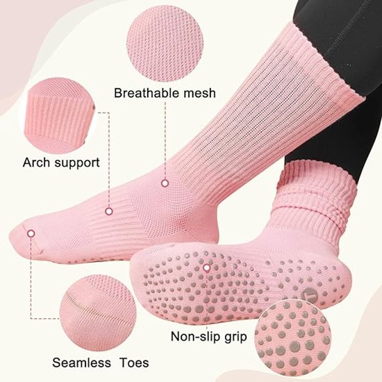 4 paren Yoga Slouch Sokken met Grip, Antislip sokken, antislip sokken pilates, yoga sokken, Grip sokken voor vrouwen en mannen, yoga sokken antislip, voor Workout Ziekenhuis Lange Scrunch Slipper Sokken - Cyslmuk® van Cyslmuk — afbeelding 4