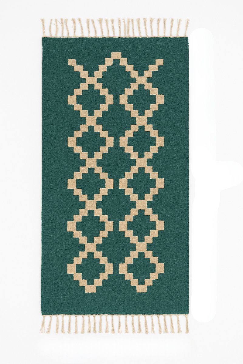 Kelima Handgemaakt Wollen Vloerkleed - 70x140 cm - 100% Natuurlijk - Senon Groen diamantmotief