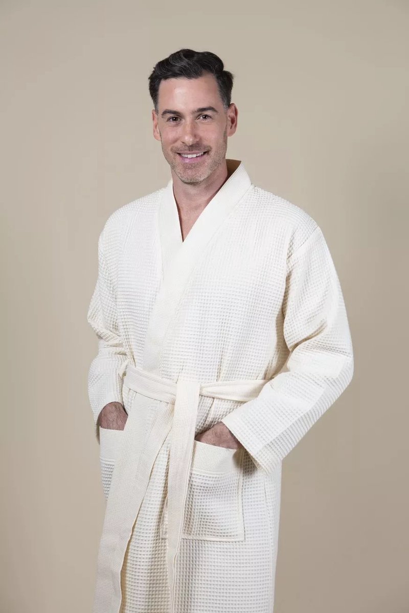 Sauna Wafel Badjas Heren – Cozylion – 100% Duurzaam Katoen – Oeko-Tex – Wit / Offwhite – Kimono Stijl – Wafel Badjassen Mannen – Sauna & Wellness Ochtendjas voor Man