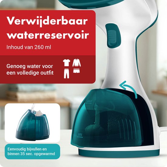 Witte en turquoise handstomer met afneembaar waterreservoir. Tekst: "Verwijderbaar waterreservoir".