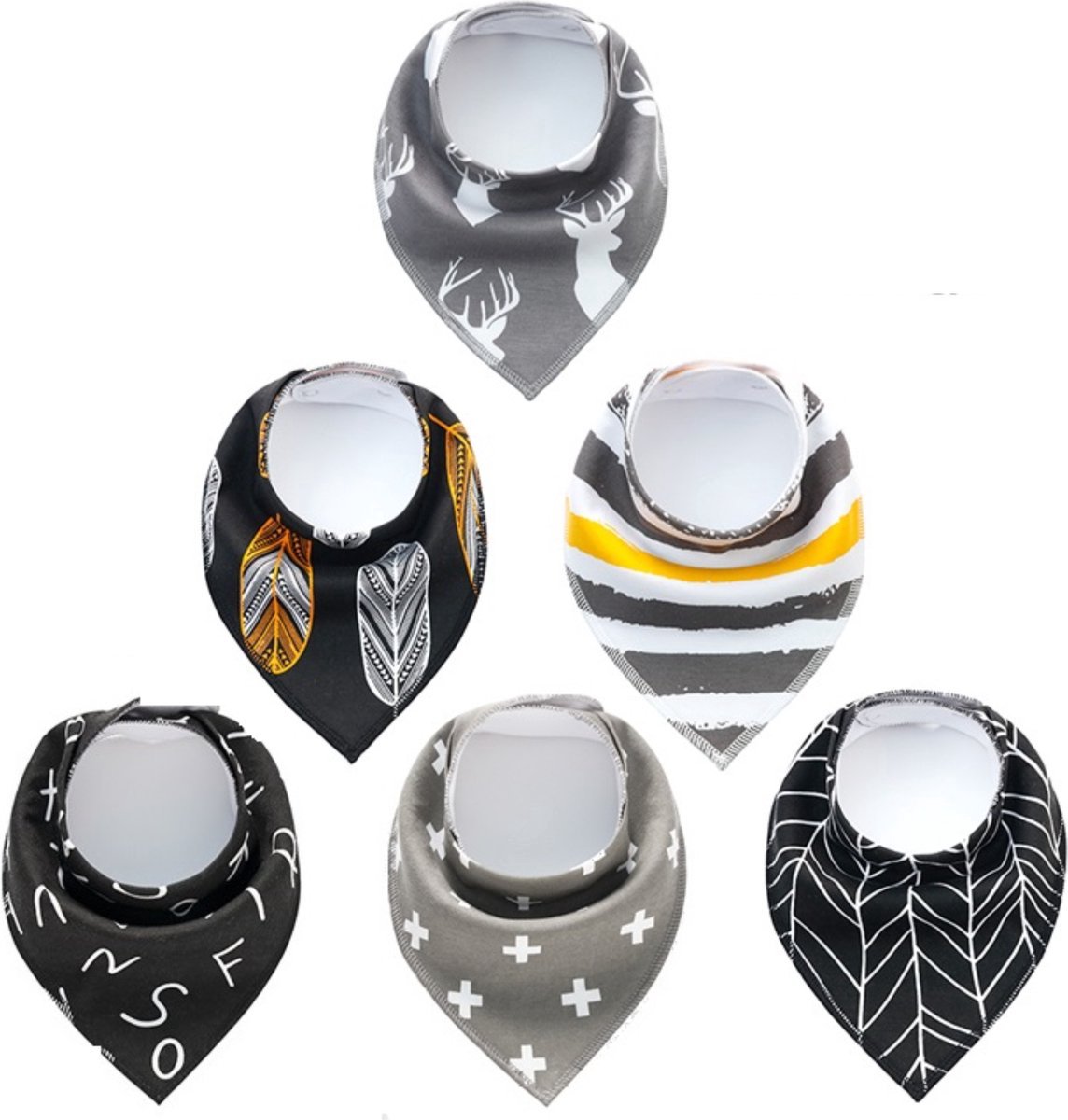 Set 6 stuks Bandana Baby Slabbetjes - Veren - Letters - waterproof met Fleece laag – jongens meisjes - puntslabbetjes - kwijlslabbetjes