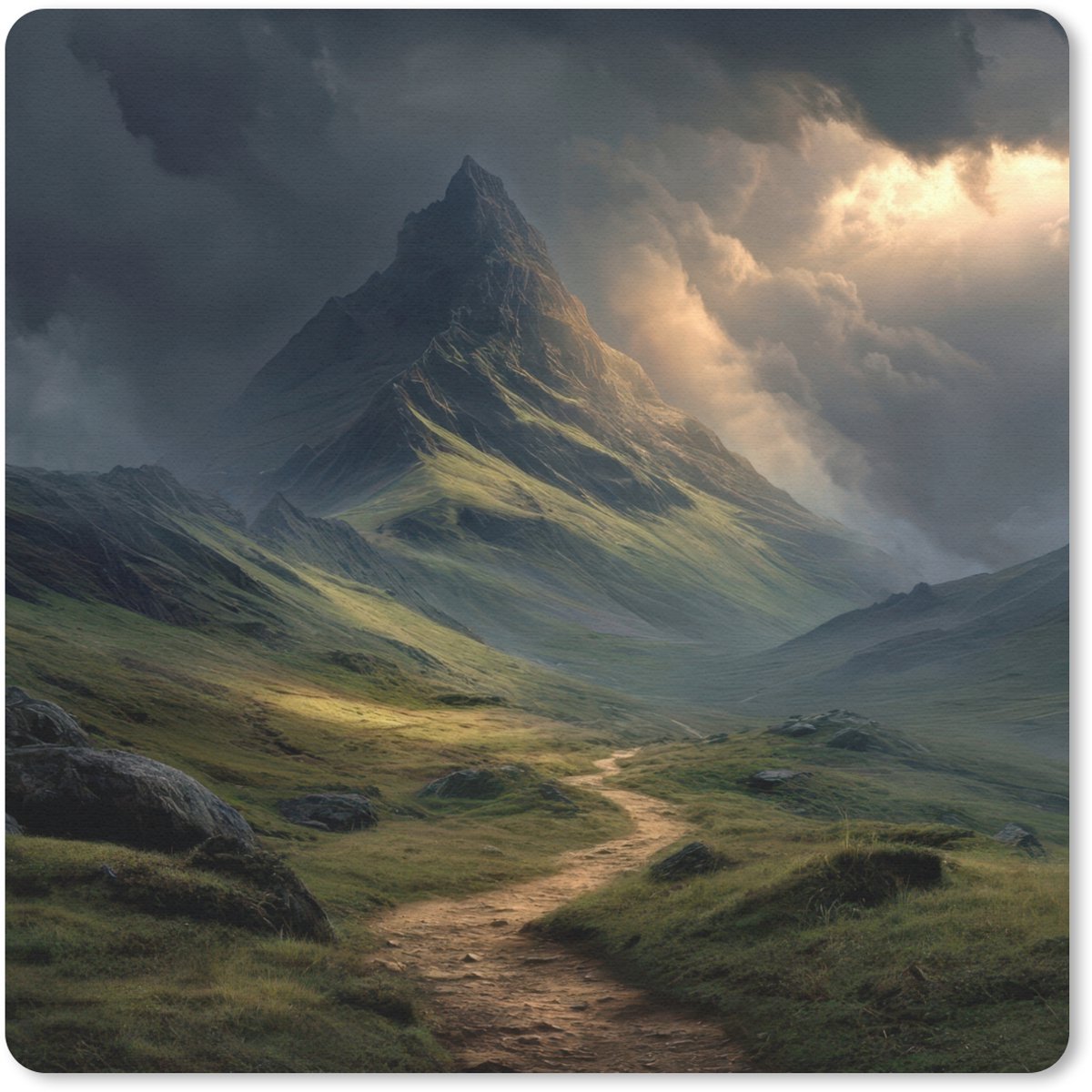 Muismat 30x30 cm - Mousepad Bergen - Kronkelpad - Groen - Wolken - Muismatten