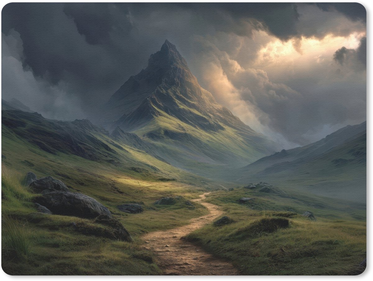 Muismat 23x19 cm - Mousepad Bergen - Kronkelpad - Groen - Wolken - Muismatten