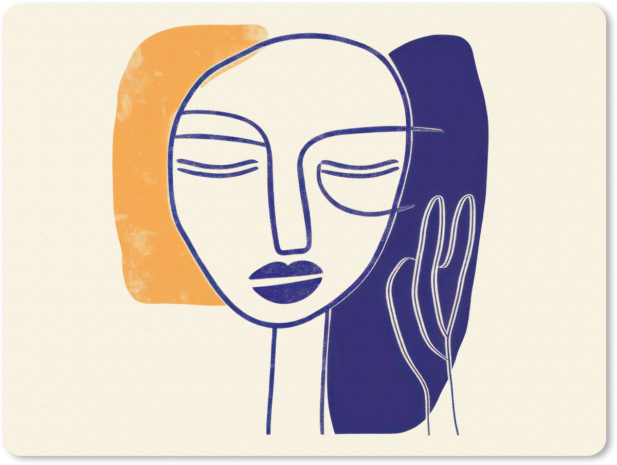Muismat 23x19 cm - Mousepad Minimalistisch - Gezicht - Hand - Oranje - Blauw - Muismatten