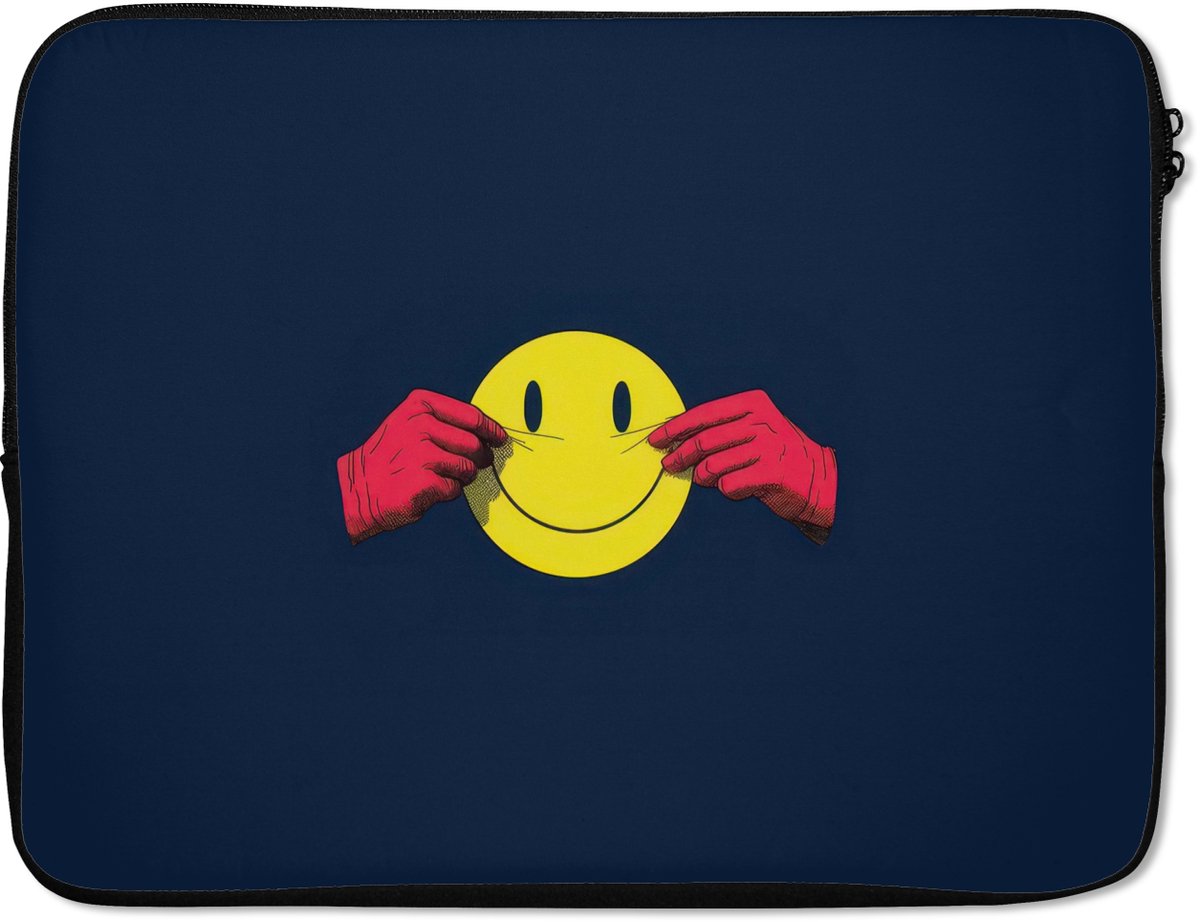 Laptophoes 15.6 inch - Smiley - Geel - Handen - Minimalistisch - Laptop sleeve - Binnenmaat 37x26 cm - Zwarte achterkant