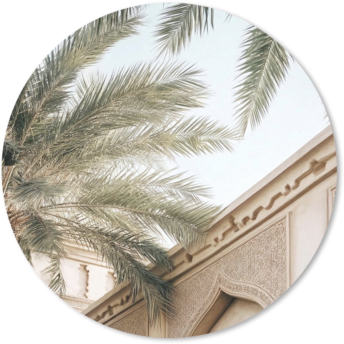 Muismat rond 50x50 cm - Mousepad Gebouw - Palmbomen - Beige - Zon - Ronde muismatten
