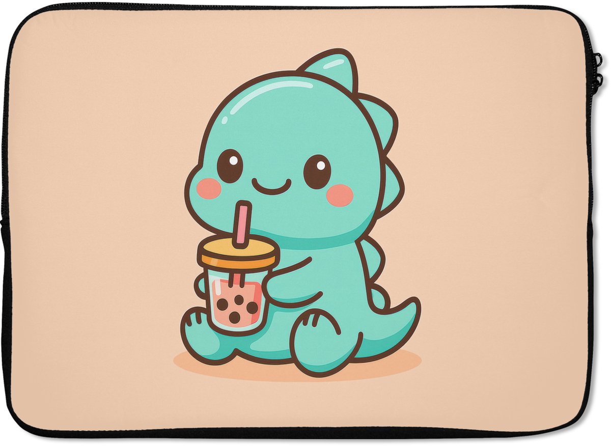 Laptophoes 13 inch - Dino - Boba - kawaii - Oranje - Laptop sleeve - Binnenmaat 32x22,5 cm - Zwarte achterkant