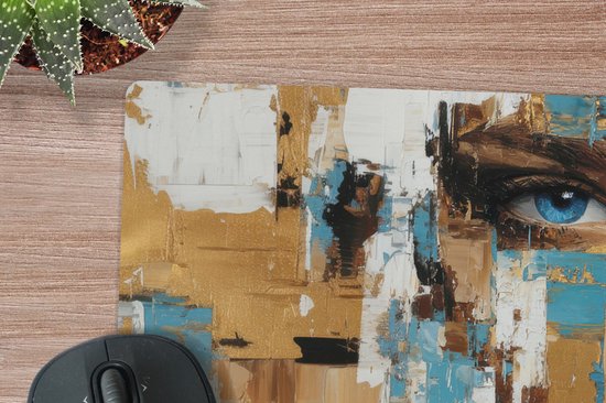 Muismat XXL 100x50 cm - Bureau onderlegger - Bureau mat Abstract - Penseelstreken - Blauw - Gezicht - Bureaumat - Gaming mousepad xl - Bureaulegger groot - Computer deskmat