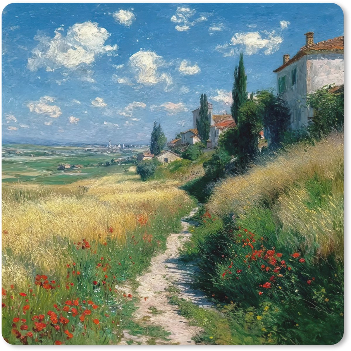 Muismat XXL 60x60 cm - Bureau onderlegger - Bureau mat Zandpad - Huis - Bomen - Grasveld - Bureaumat - Gaming mousepad xl - Bureaulegger groot - Computer deskmat