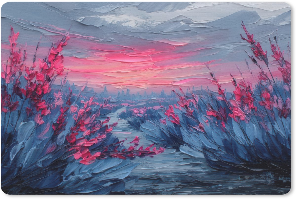 Muismat 27x18 cm - Mousepad Schilderij - Zonsondergang - Bloemen - Rivier - Muismatten
