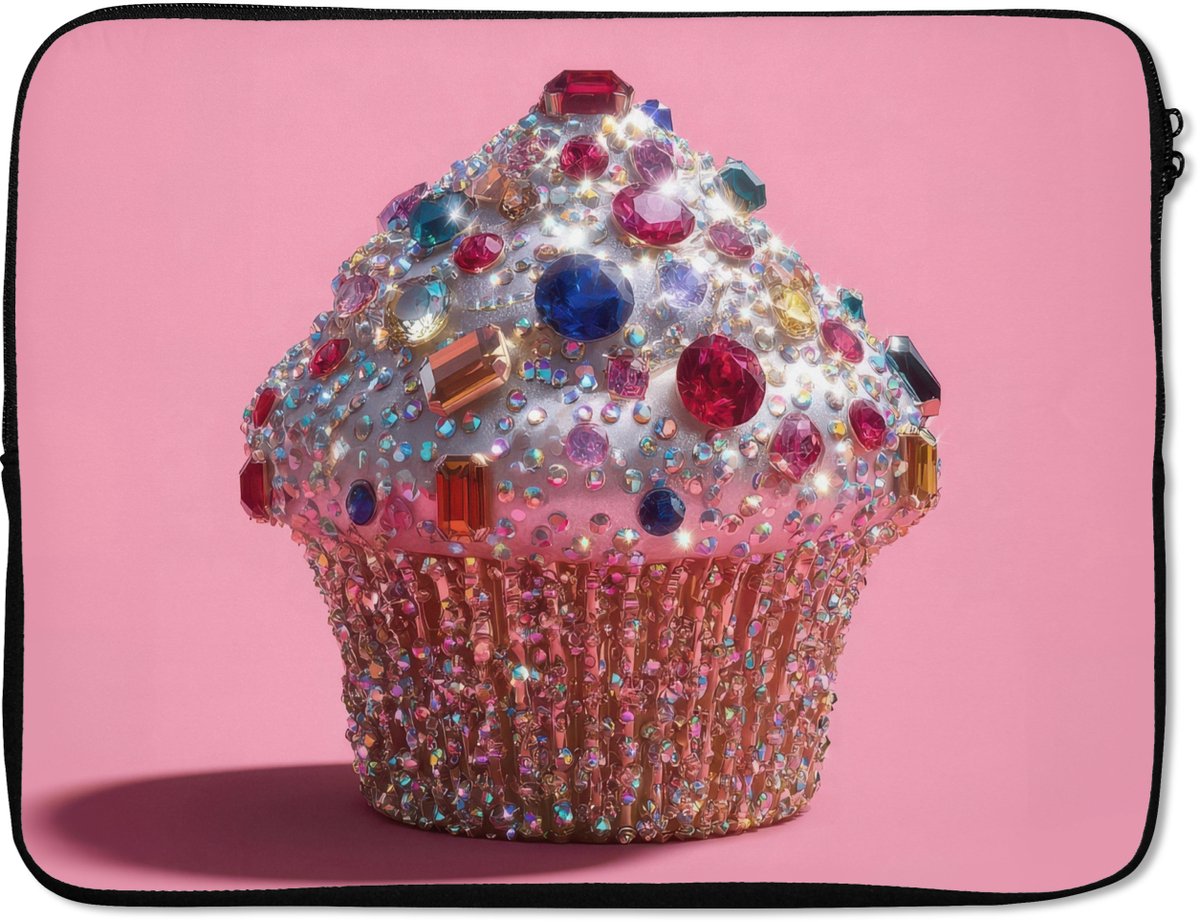 Laptophoes 17 inch - Cupcake - Kleurrijk - Edelstenen - Laptop sleeve - Binnenmaat 41x28 cm - Zwarte achterkant