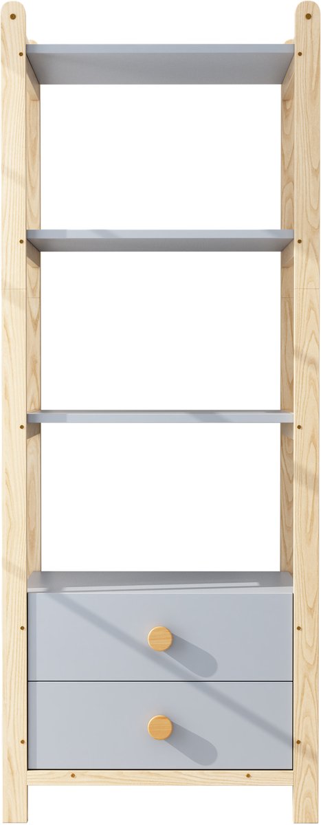 Staand Plankenrek, 2 Lades, 4 Planken Boekenkast, Vuren Frame, Massief Houten Handgrepen, voor Woonkamer, Slaapkamer, Studiekamer, Blauw+Natuurhout, 70×44×180cm