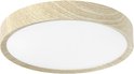 Ronde plafondlamp met een houtlook rand en witte diffuser.