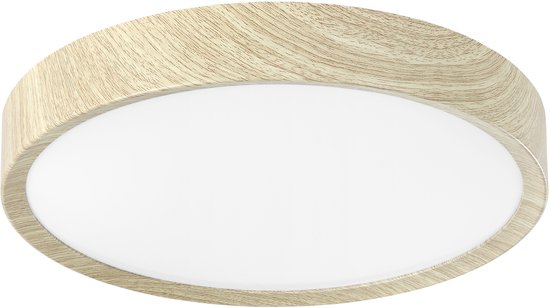 Ronde plafondlamp met een houtlook rand en witte diffuser.