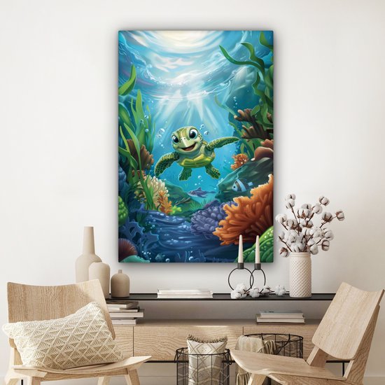 Peinture sur toile 80x120 cm - Décoration murale chambre enfant Tortue - Animaux aquatiques marins - Sous-marin - Algues - Décoration murale murale chambre bébé - Décoration chambre garçon et fille - Accessoires Bébé - Peintures