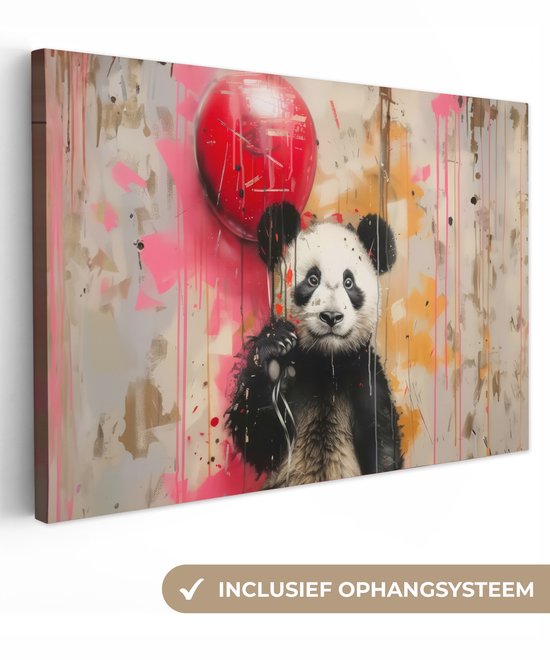 Canvas schilderij 120x80 cm - Wanddecoratie Graffiti - Panda - Ballon - Street art - Dier - Muurdecoratie woonkamer - Slaapkamer decoratie - Kamer accessoires - Schilderijen op canvas